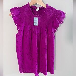 LOFT‎ Magenta Eyelet Smocked Ruffle Sleeve Blouse XS Feminine Summer Top